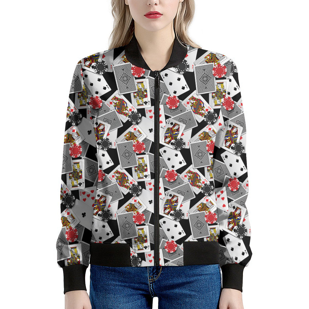 Casino Card And Chip Pattern Print Women's Bomber Jacket