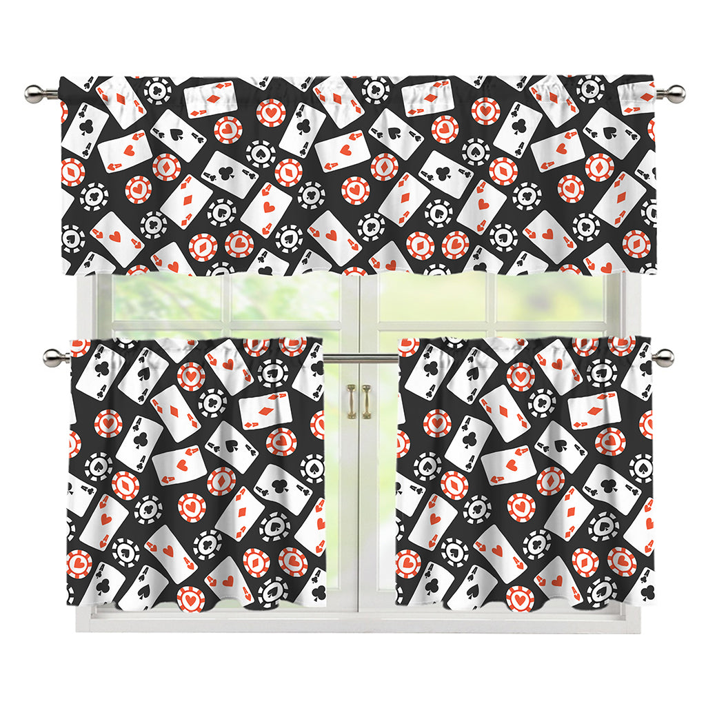 Casino Chip And Card Pattern Print 3 Piece Kitchen Curtains