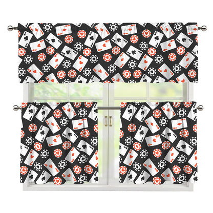 Casino Chip And Card Pattern Print 3 Piece Kitchen Curtains