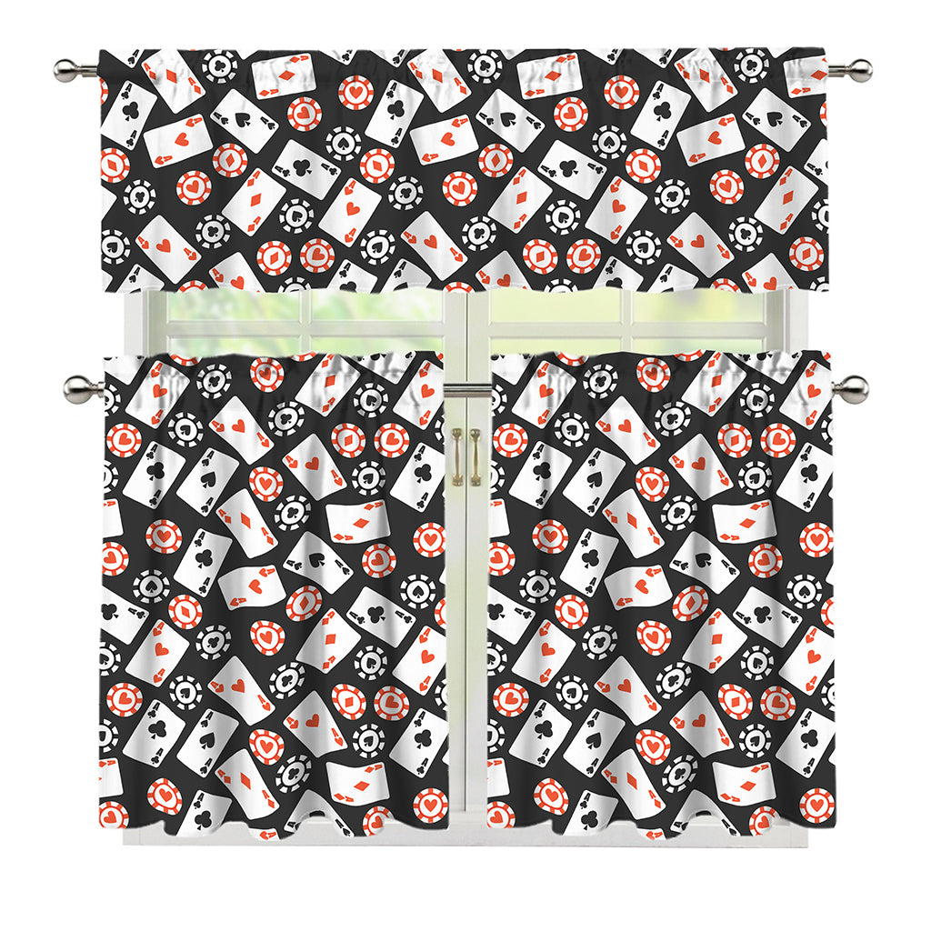 Casino Chip And Card Pattern Print 3 Piece Kitchen Curtains