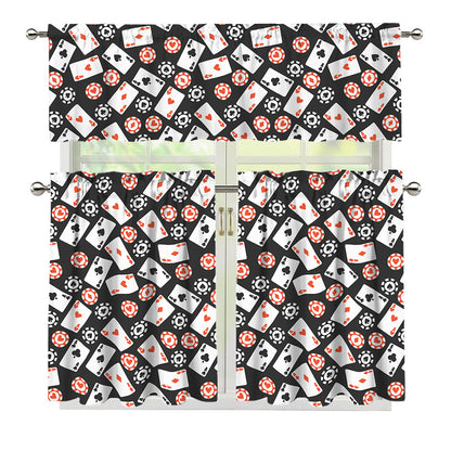 Casino Chip And Card Pattern Print 3 Piece Kitchen Curtains