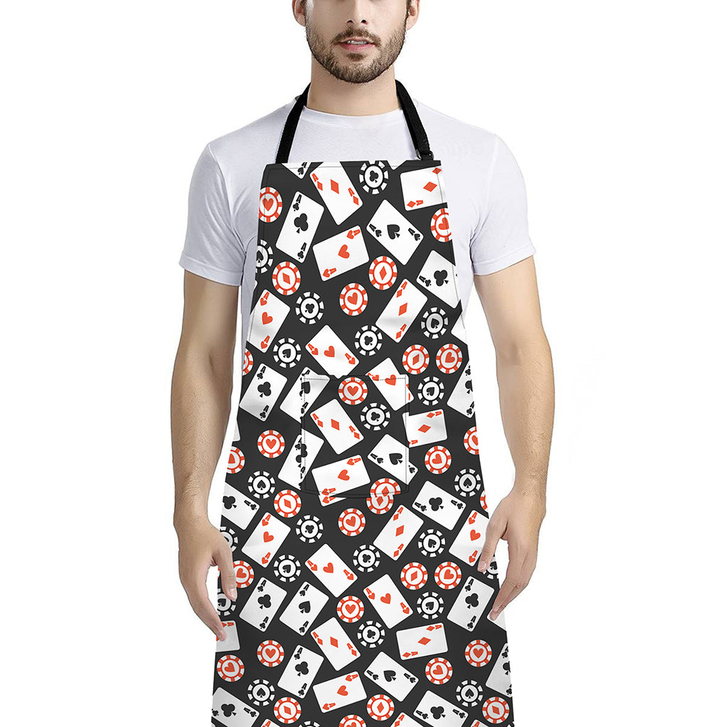 Casino Chip And Card Pattern Print Bib Apron With Pocket
