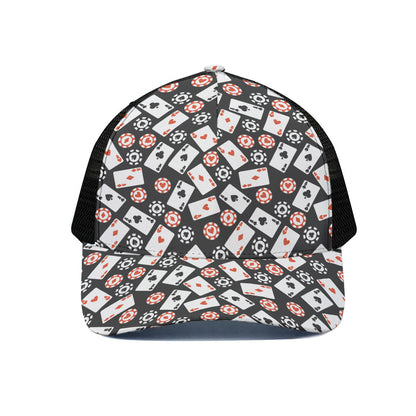 Casino Chip And Card Pattern Print Black Mesh Trucker Cap