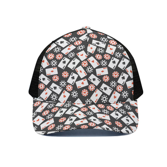 Casino Chip And Card Pattern Print Black Mesh Trucker Cap