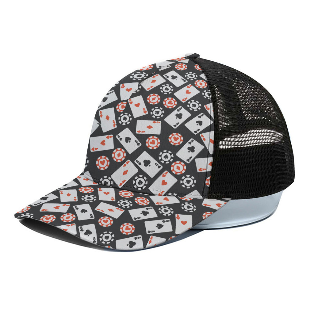 Casino Chip And Card Pattern Print Black Mesh Trucker Cap
