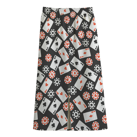 Casino Chip And Card Pattern Print Cotton Front Slit Maxi Skirt