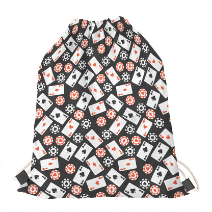 Casino Chip And Card Pattern Print Drawstring Bag