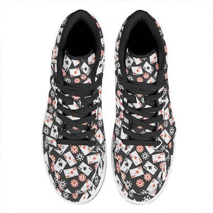 Casino Chip And Card Pattern Print High Top Leather Sneakers