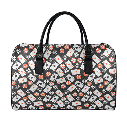 Casino Chip And Card Pattern Print Leather Duffle Bag