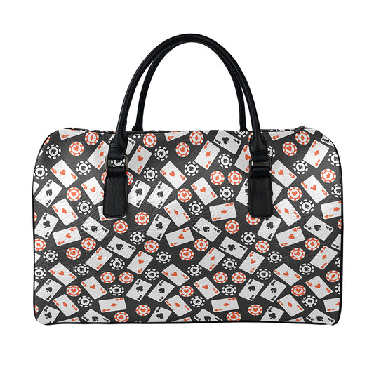 Casino Chip And Card Pattern Print Leather Duffle Bag