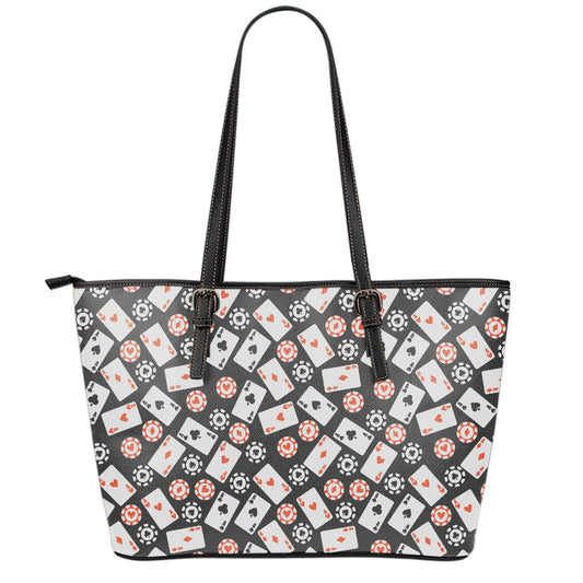 Casino Chip And Card Pattern Print Leather Tote Bag