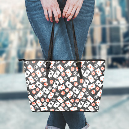 Casino Chip And Card Pattern Print Leather Tote Bag