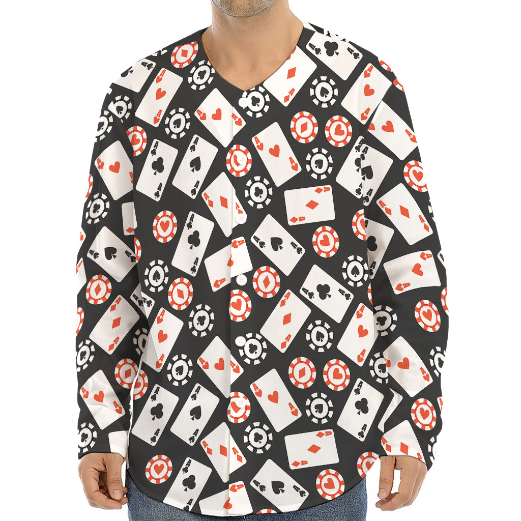 Casino Chip And Card Pattern Print Long Sleeve Baseball Jersey