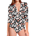 Casino Chip And Card Pattern Print Long Sleeve Swimsuit