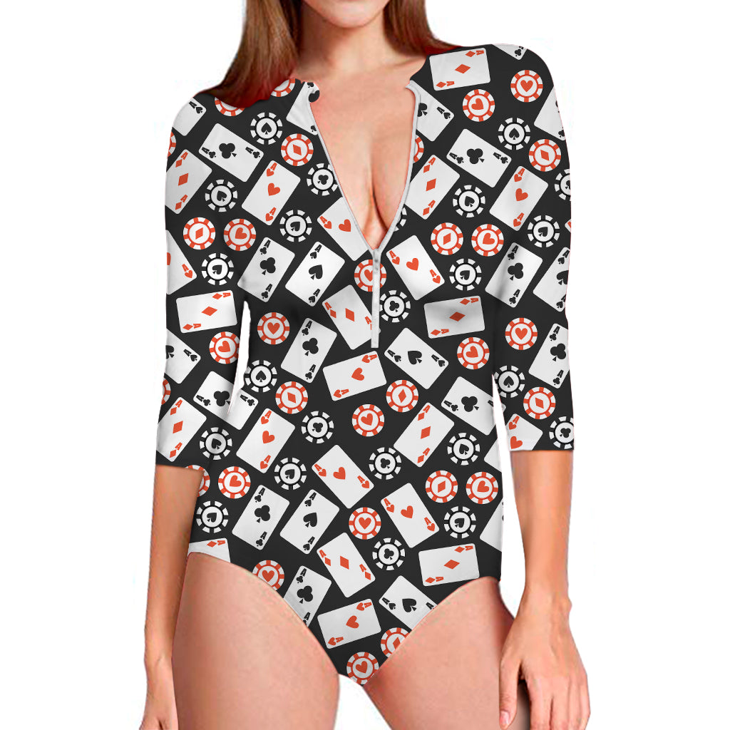 Casino Chip And Card Pattern Print Long Sleeve Swimsuit