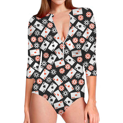 Casino Chip And Card Pattern Print Long Sleeve Swimsuit