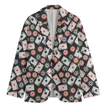 Casino Chip And Card Pattern Print Men's Blazer