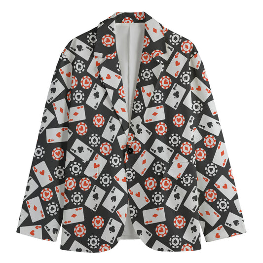 Casino Chip And Card Pattern Print Men's Blazer