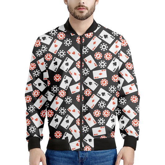 Casino Chip And Card Pattern Print Men's Bomber Jacket