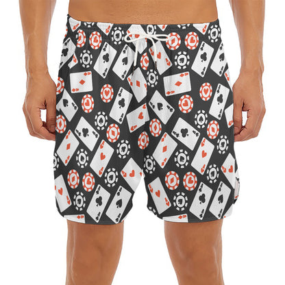 Casino Chip And Card Pattern Print Men's Split Running Shorts