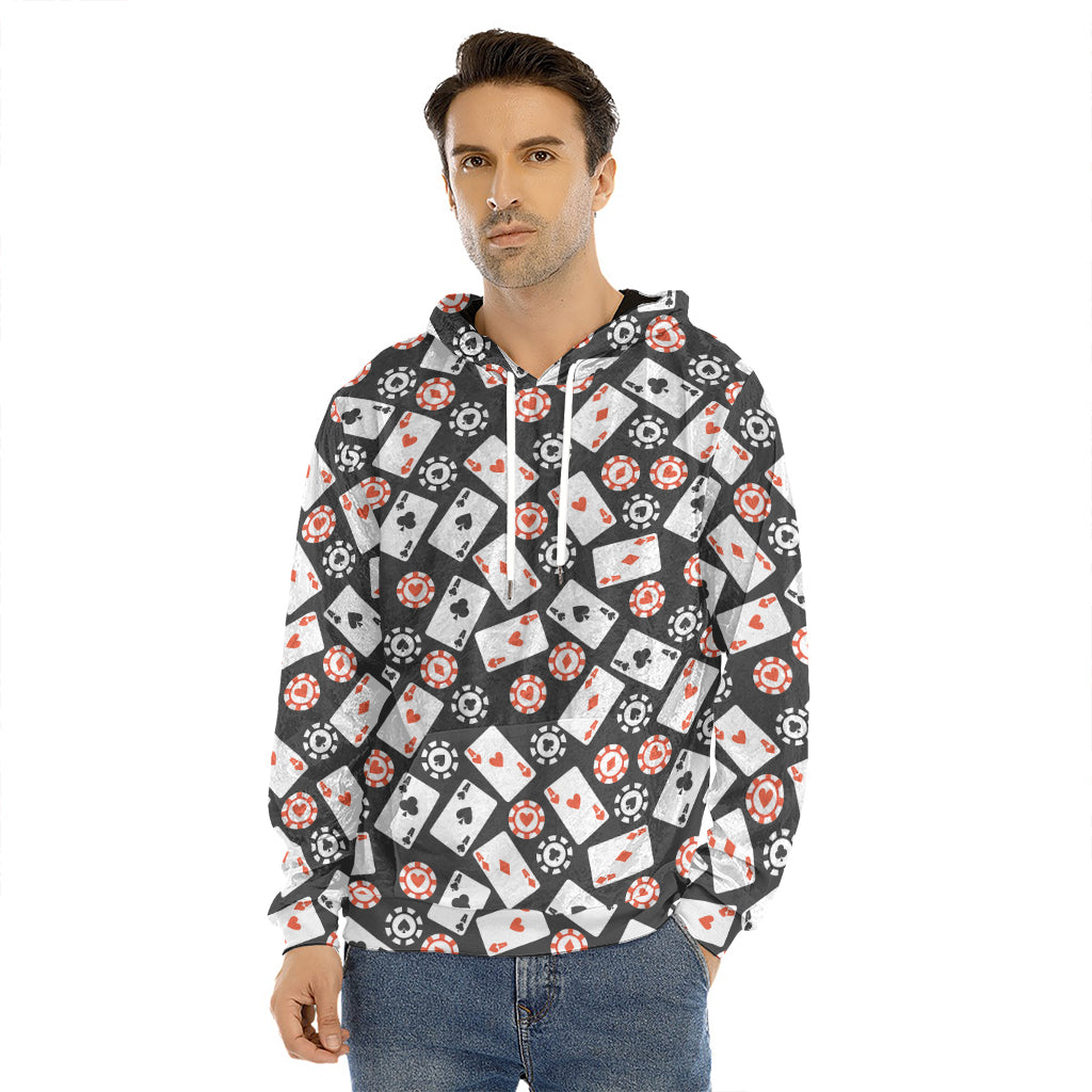 Casino Chip And Card Pattern Print Men's Velvet Pullover Hoodie