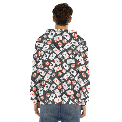Casino Chip And Card Pattern Print Men's Velvet Pullover Hoodie