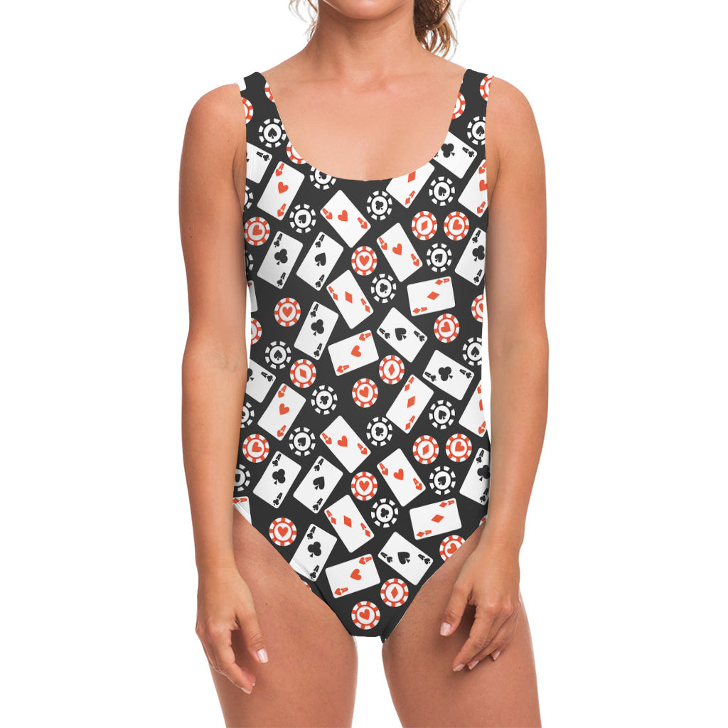 Casino Chip And Card Pattern Print One Piece Swimsuit