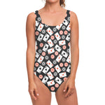 Casino Chip And Card Pattern Print One Piece Swimsuit