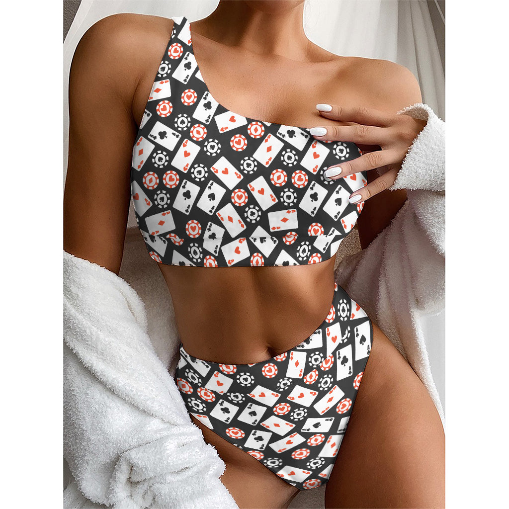 Casino Chip And Card Pattern Print One Shoulder Bikini Top