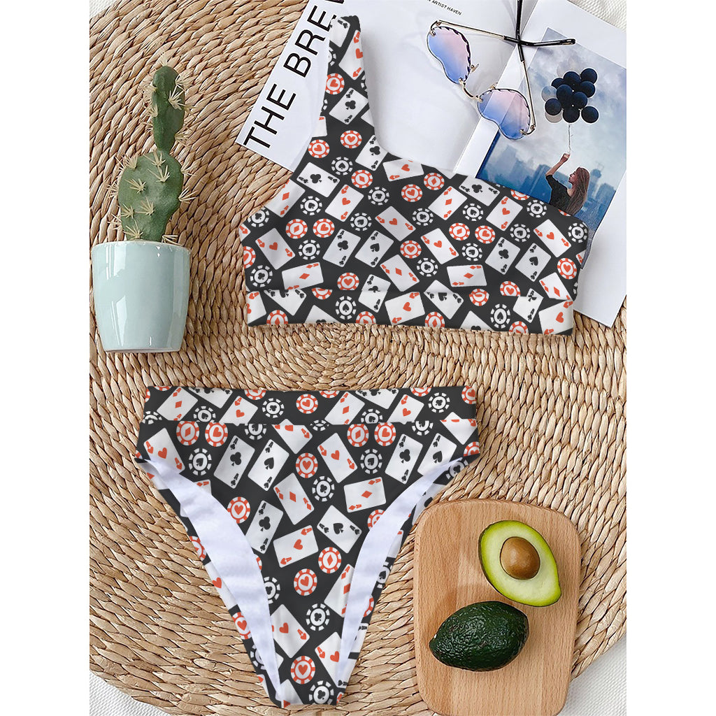 Casino Chip And Card Pattern Print One Shoulder Bikini Top
