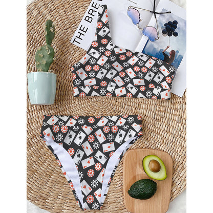 Casino Chip And Card Pattern Print One Shoulder Bikini Top