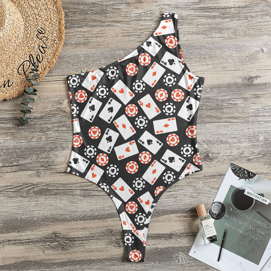 Casino Chip And Card Pattern Print One Shoulder Bodysuit