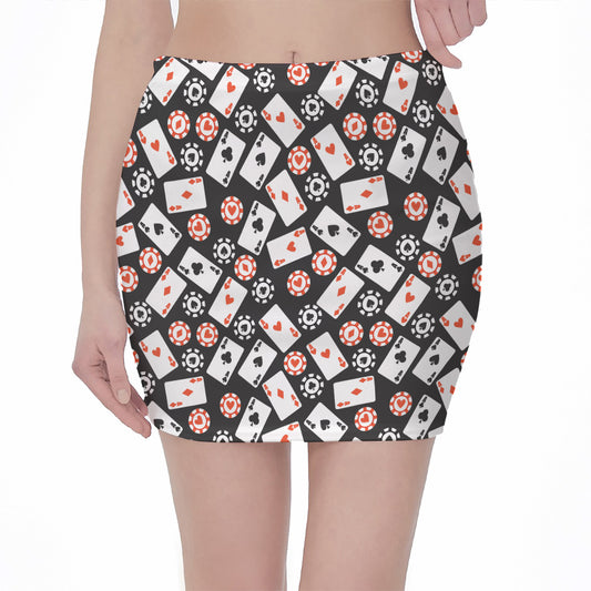 Casino Chip And Card Pattern Print Pencil Mini Skirt