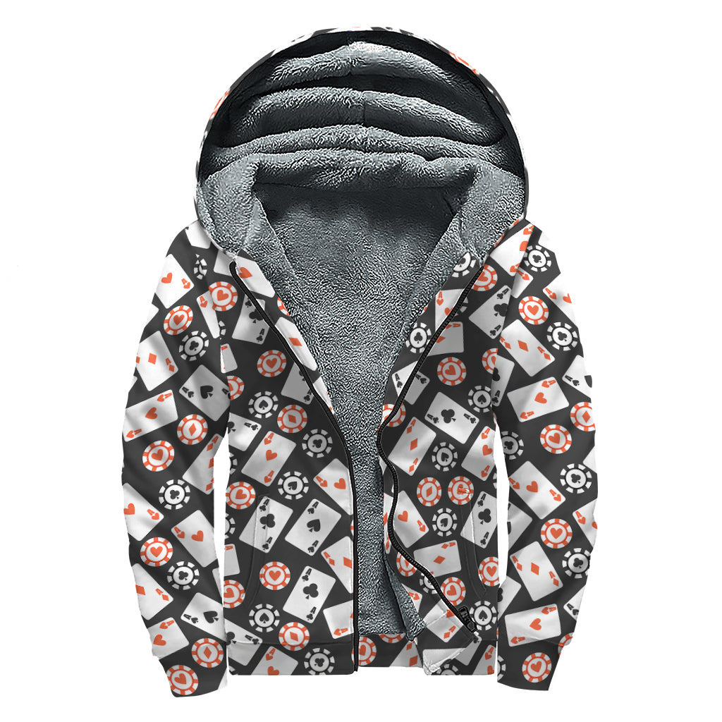 Casino Chip And Card Pattern Print Sherpa Lined Zip Up Hoodie