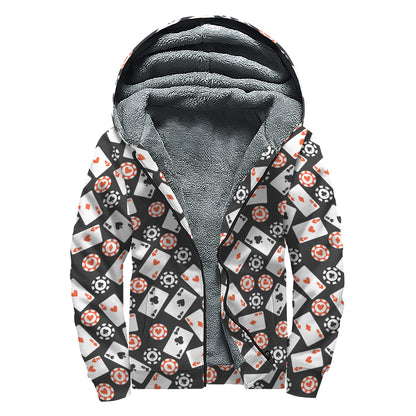 Casino Chip And Card Pattern Print Sherpa Lined Zip Up Hoodie