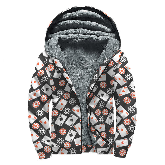 Casino Chip And Card Pattern Print Sherpa Lined Zip Up Hoodie