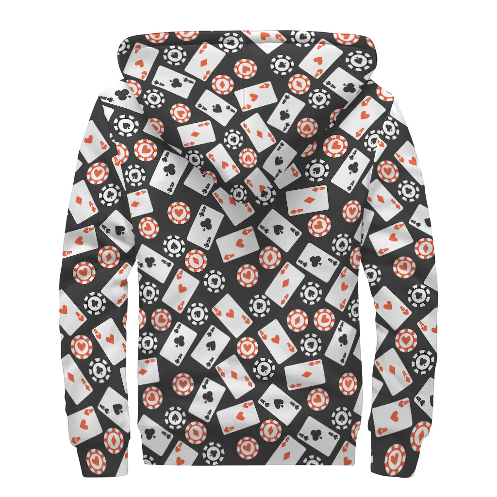 Casino Chip And Card Pattern Print Sherpa Lined Zip Up Hoodie