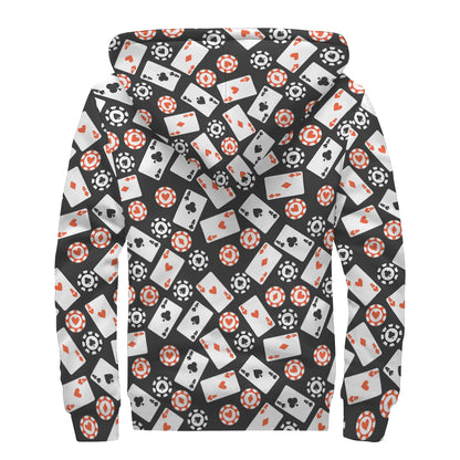 Casino Chip And Card Pattern Print Sherpa Lined Zip Up Hoodie