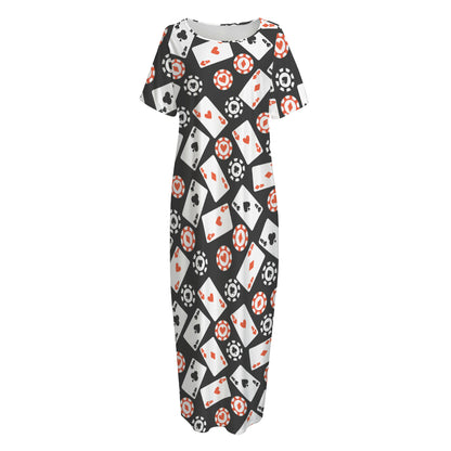 Casino Chip And Card Pattern Print Short Sleeve Long Nightdress