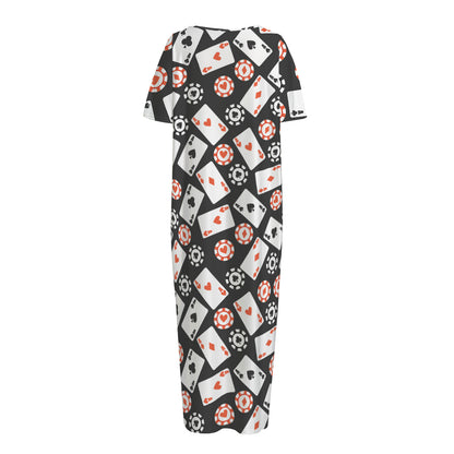 Casino Chip And Card Pattern Print Short Sleeve Long Nightdress