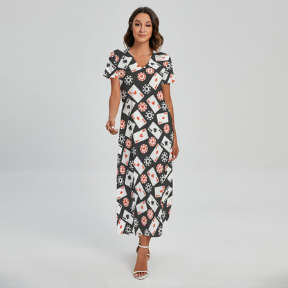 Casino Chip And Card Pattern Print Short Sleeve Maxi Dress
