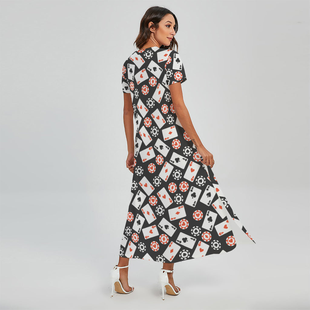 Casino Chip And Card Pattern Print Short Sleeve Maxi Dress