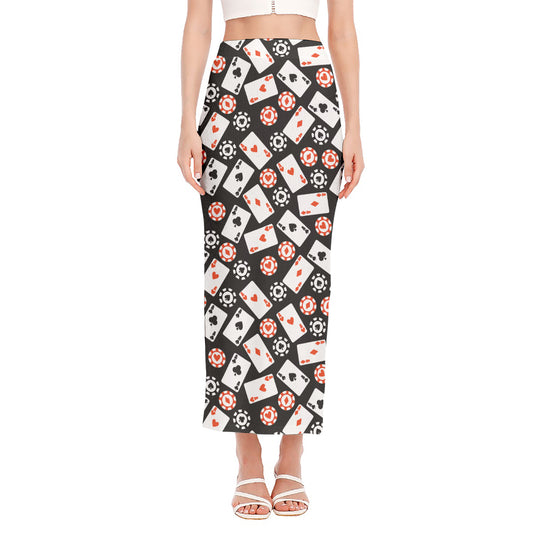 Casino Chip And Card Pattern Print Side Slit Maxi Skirt