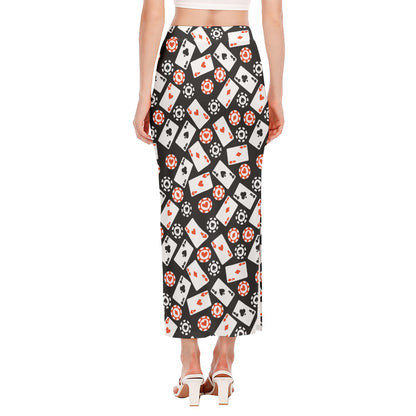 Casino Chip And Card Pattern Print Side Slit Maxi Skirt