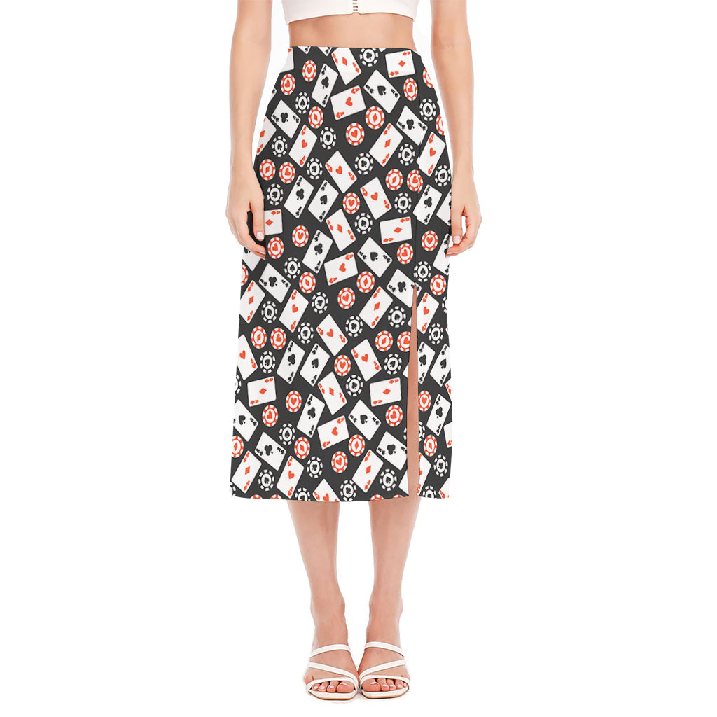 Casino Chip And Card Pattern Print Side Slit Midi Skirt