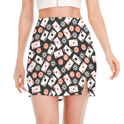 Casino Chip And Card Pattern Print Side Slit Mini Skirt
