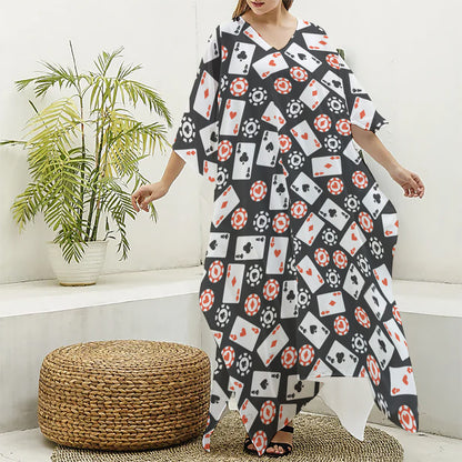 Casino Chip And Card Pattern Print Silk V-Neck Kaftan Dress