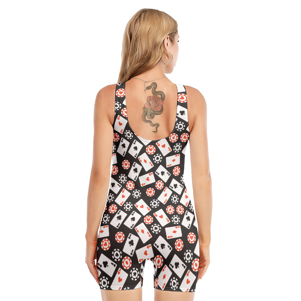 Casino Chip And Card Pattern Print Sleeveless One Piece Swimsuit