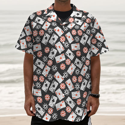 Casino Chip And Card Pattern Print Textured Short Sleeve Shirt