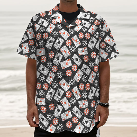 Casino Chip And Card Pattern Print Textured Short Sleeve Shirt